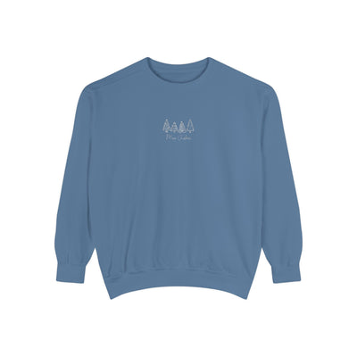 Comfortable cozy unisex garment-dyed sweatshirt in blue with minimalist tree embroidery design and ribbed cuffs and hem