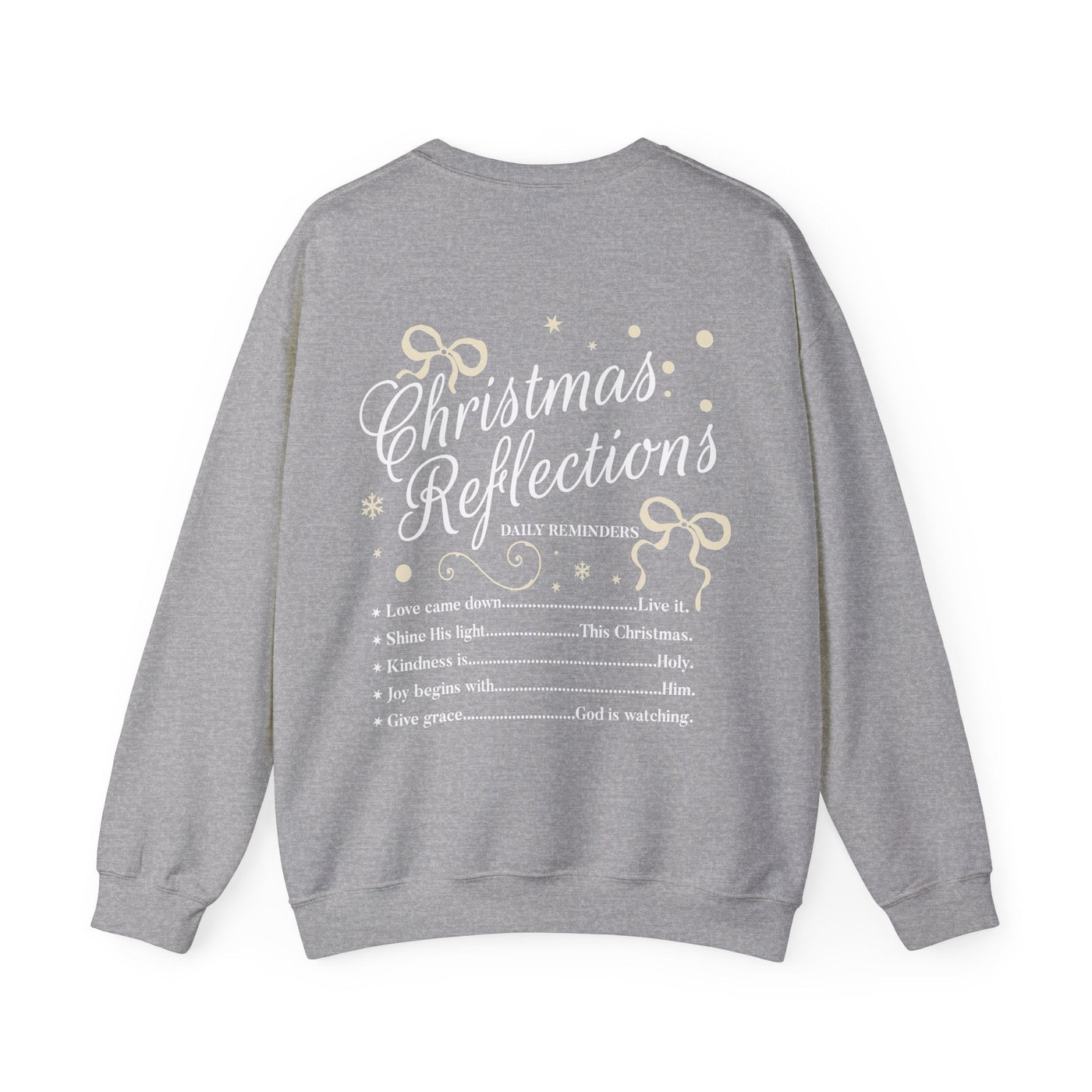 Coquette Christmas Faith crewneck sweatshirt with inspirational holiday reflections design on gray fabric