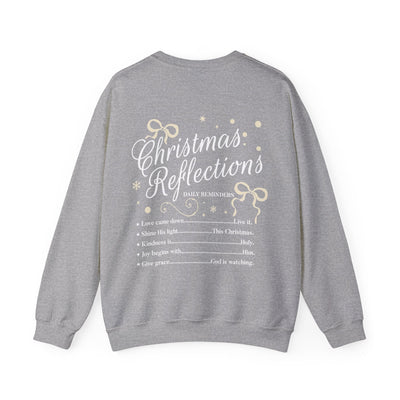 Coquette Christmas Faith crewneck sweatshirt with inspirational holiday reflections design on gray fabric