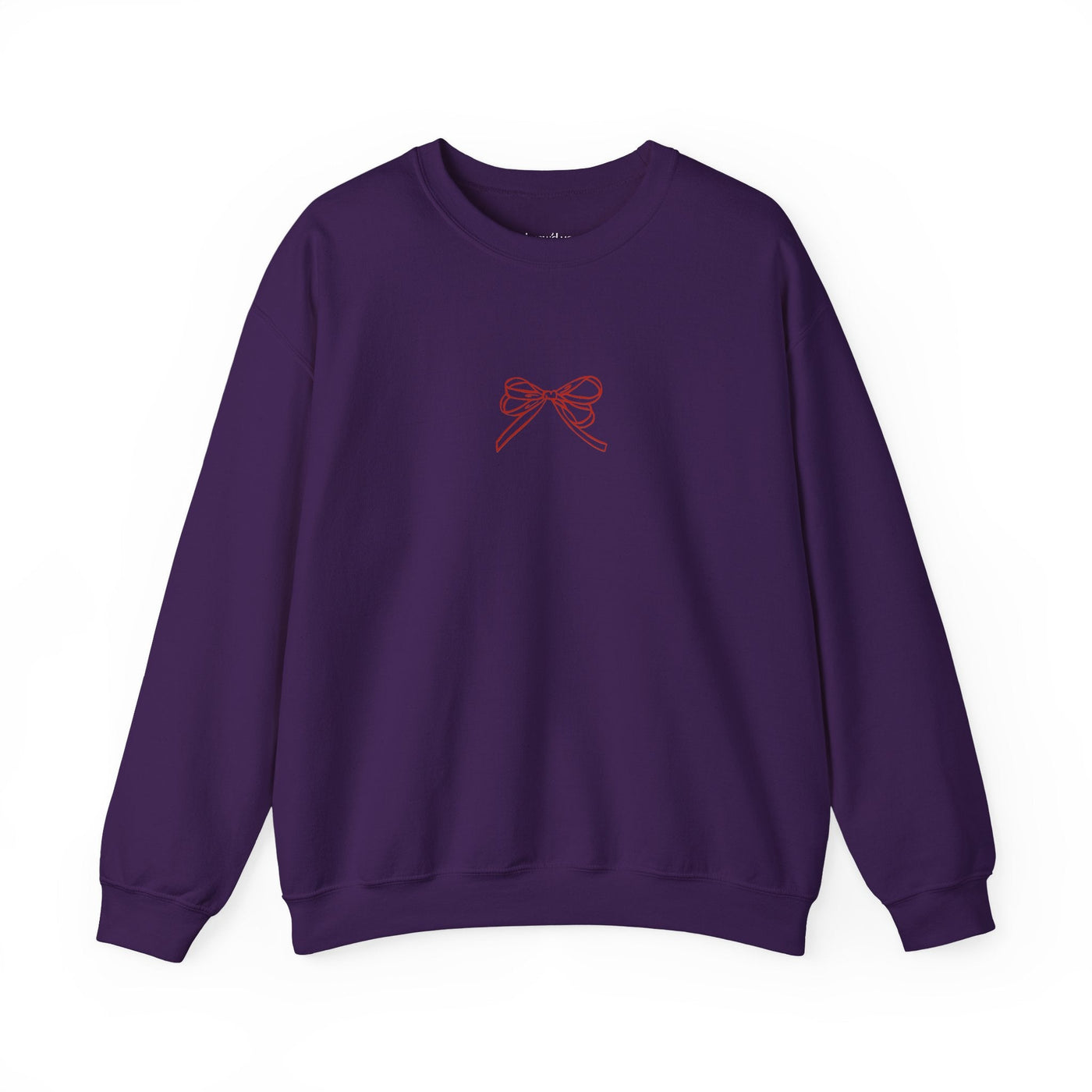 Purple Holiday Bow Crewneck Sweatshirt with red bow design on front, festive holiday apparel