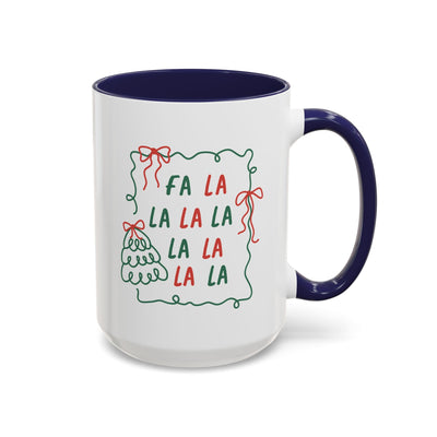 Fa La La Christmas coffee mug with minimalist holiday design, white ceramic with navy handle and interior, microwave and dishwasher safe.