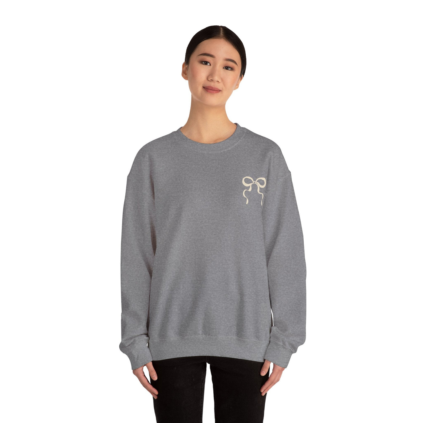 Coquette Christmas Faith Crewneck sweatshirt in gray with coquette bow design, unisex heavy blend cotton-polyester for holiday comfort