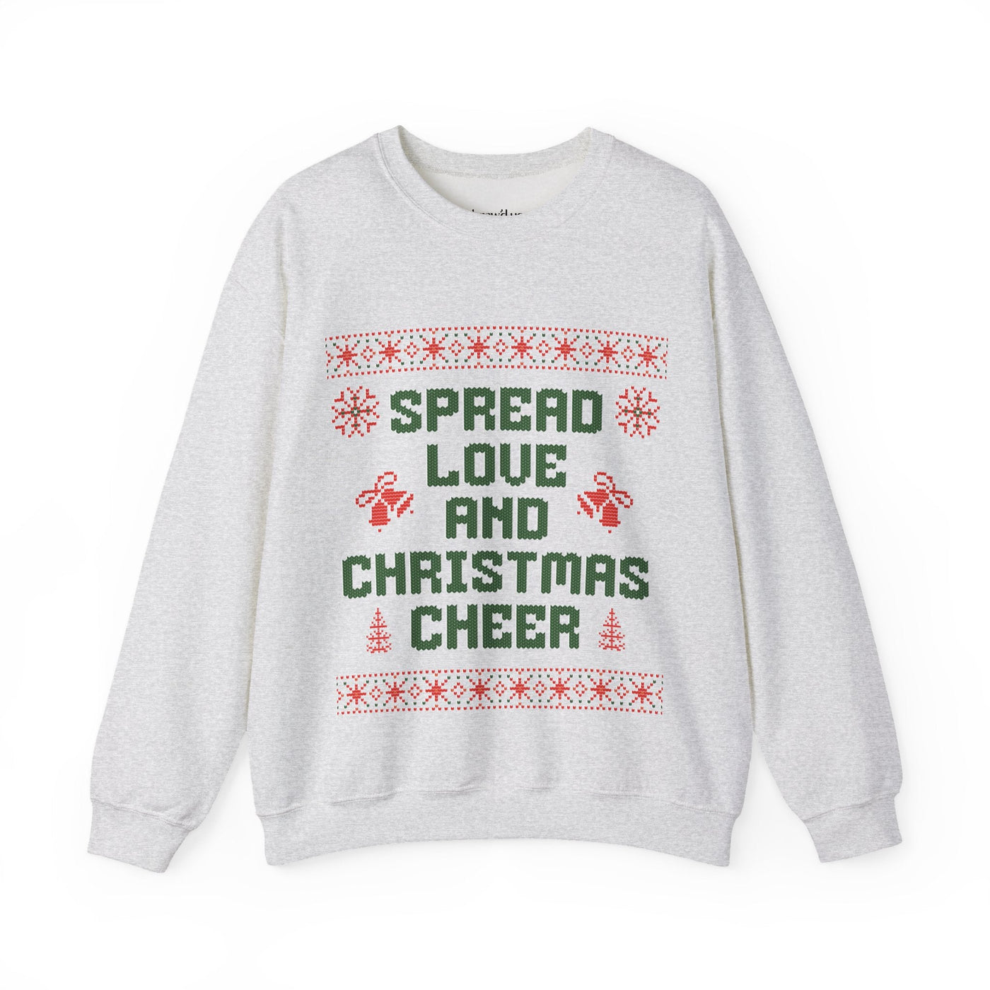 Cozy gray crewneck sweatshirt with "Spread Love and Christmas Cheer" holiday design in green and red