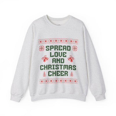 Cozy gray crewneck sweatshirt with "Spread Love and Christmas Cheer" holiday design in green and red