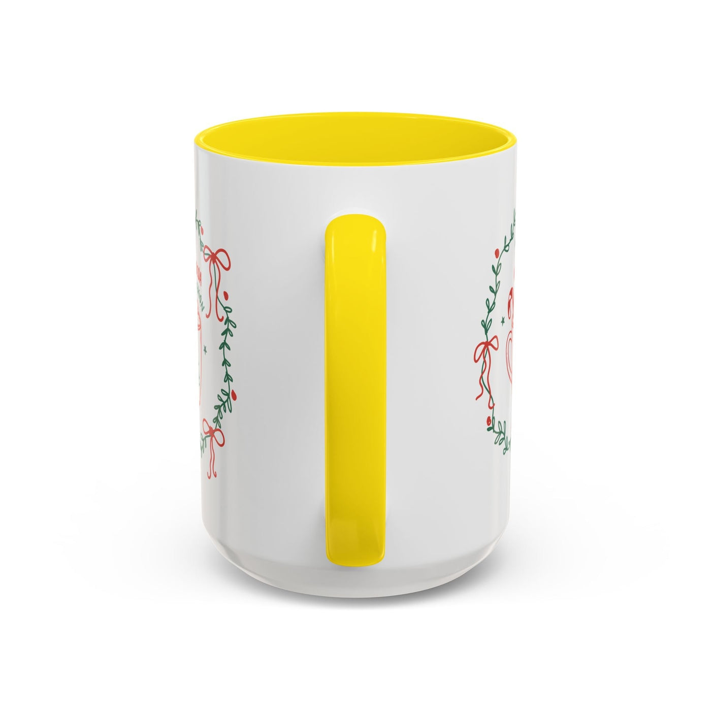 Ceramic mug with white exterior, yellow interior and handle, featuring festive greenery and ribbons design