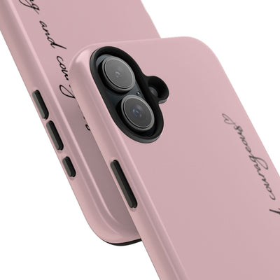 Pink inspirational tough phone case with "Be Strong and Courageous" scripture, dual-layer protection, and sleek design for iPhone and Samsung models