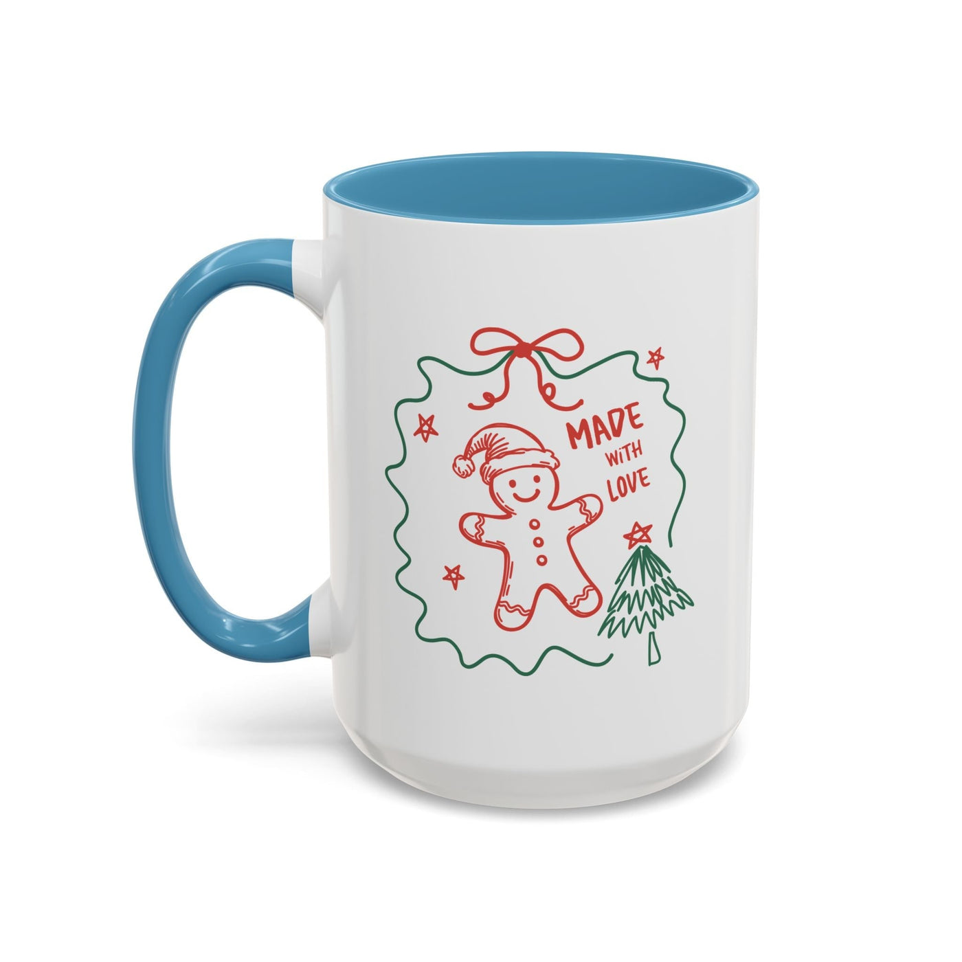 White festive Christmas coffee mug with blue handle and interior featuring a red gingerbread man and green tree design with "Made with Love" text