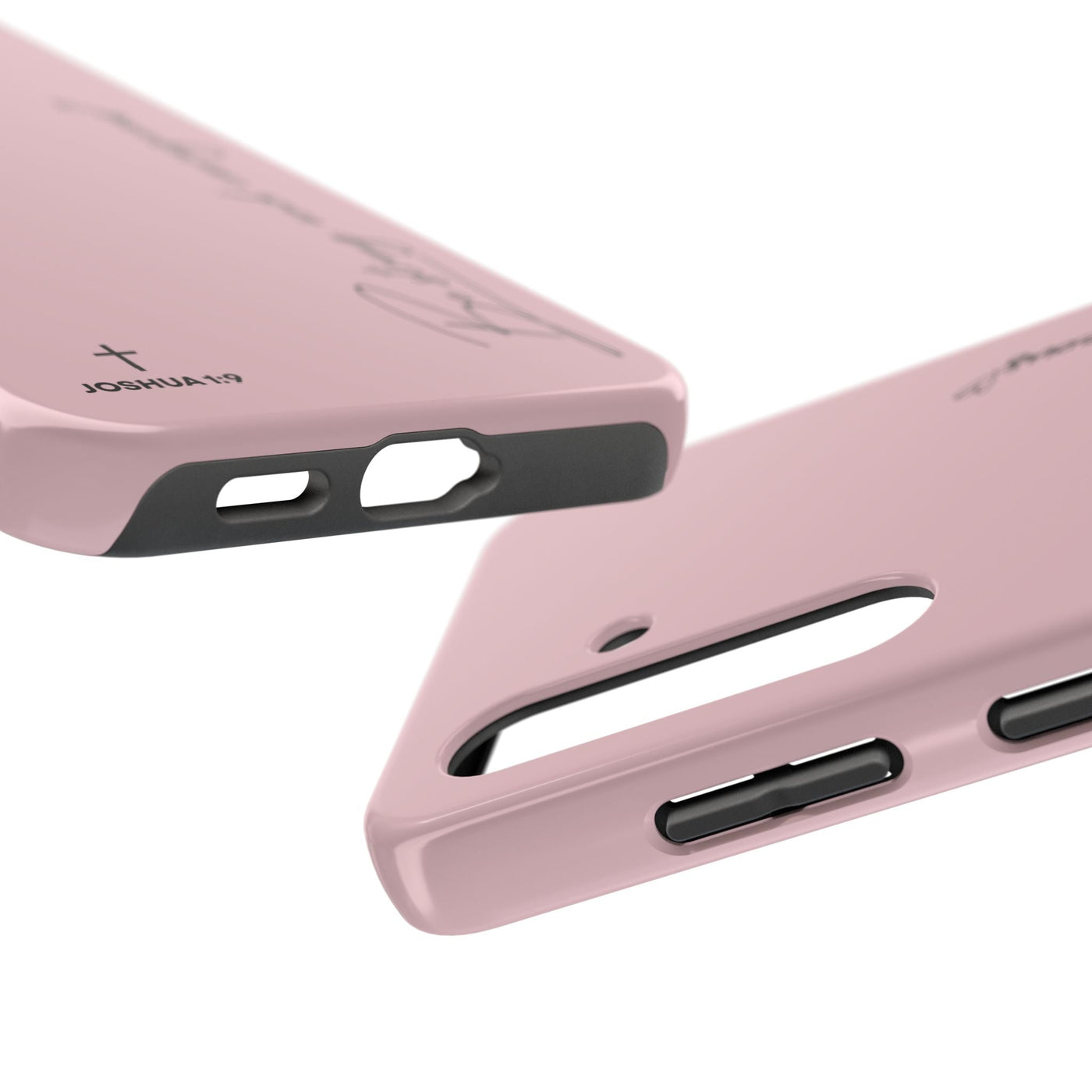 Pink inspirational tough phone case with "Be Strong and Courageous" Joshua 1:9 design, dual-layer protection for iPhone and Samsung.