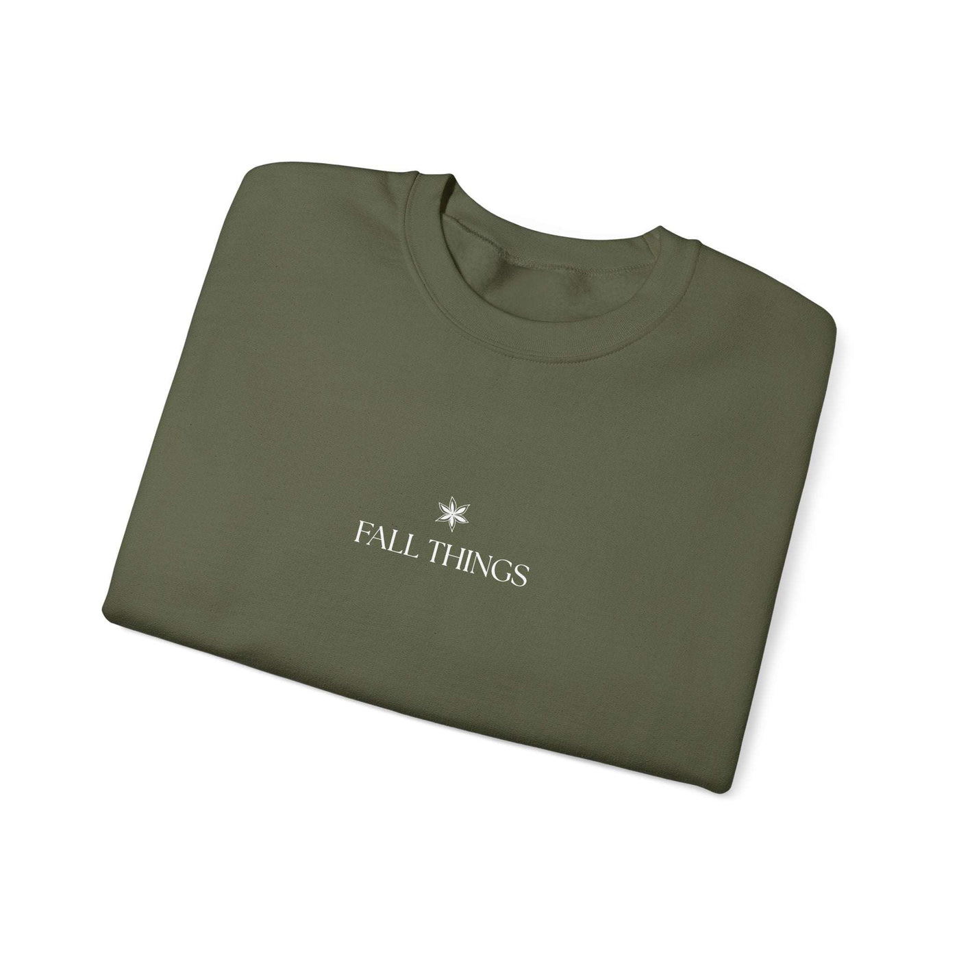 Folded olive green Fall Things Sweatshirt with minimalist white text and symbol on front crewneck design