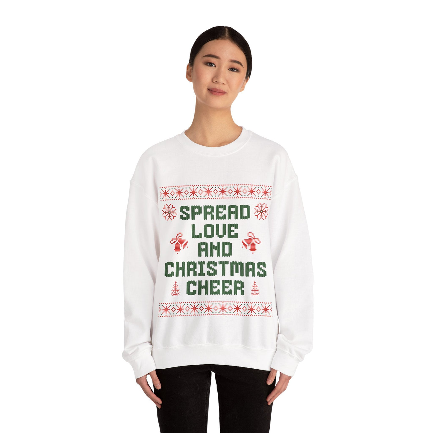 Cozy white crewneck sweatshirt with Spread Love and Christmas Cheer holiday design
