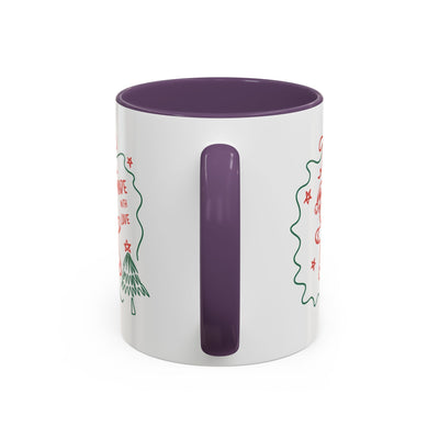 White ceramic festive Christmas coffee mug with purple handle and interior, holiday-themed design, available in 11oz and 15oz sizes