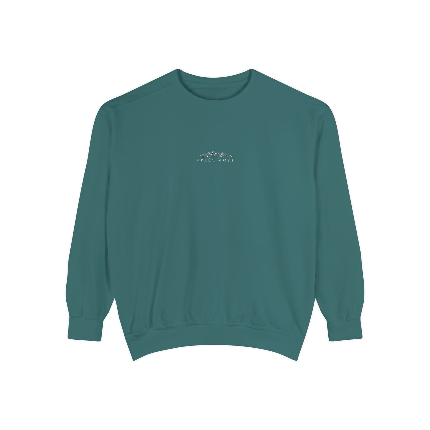 Unisex teal sweatshirt with embroidered mountain skiing scene and "apres Mode" text, soft cotton blend, relaxed fit