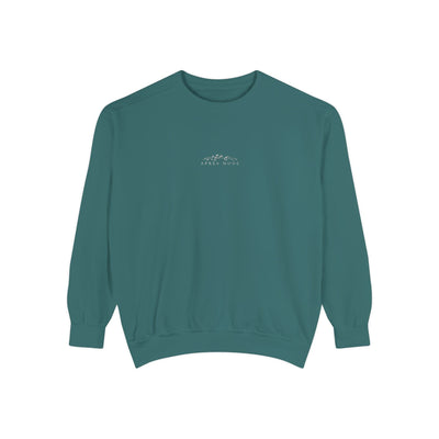 Unisex teal sweatshirt with embroidered mountain skiing scene and "apres Mode" text, soft cotton blend, relaxed fit