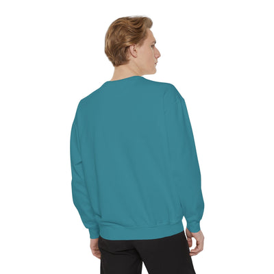 male model wearing teal God Says I Am inspirational crewneck sweatshirt back view