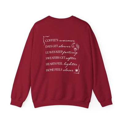 Red Fall Things Sweatshirt with poetic autumn-themed text on back, cozy minimalist crewneck for coffee lovers and homebodies