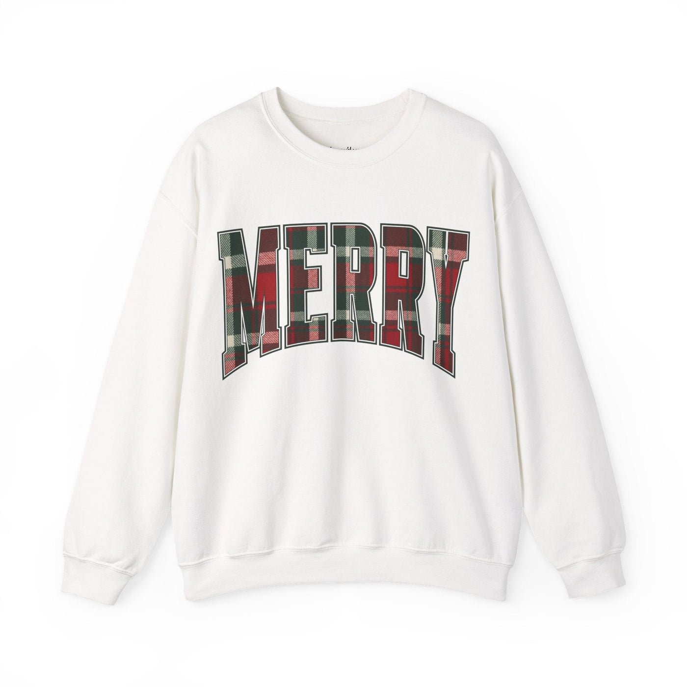 White crewneck sweatshirt with "MERRY" in red and green plaid Christmas graphic design