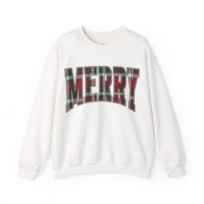 White crewneck sweatshirt with "MERRY" in red and green plaid Christmas graphic design