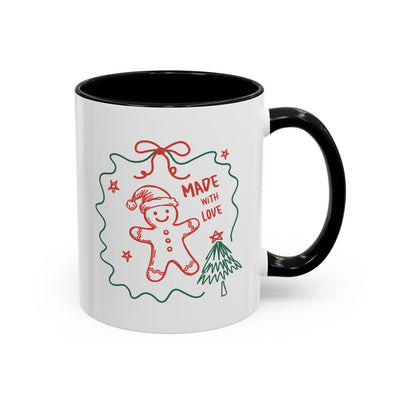 Festive Christmas coffee mug with gingerbread man and tree design, 11oz ceramic cup with black handle and interior, microwave and dishwasher safe