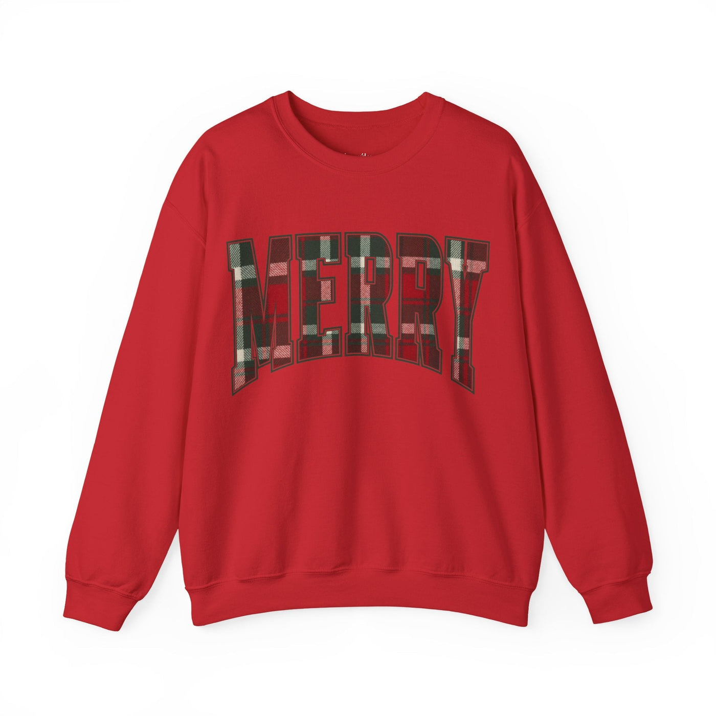 Red Christmas sweatshirt with "MERRY" plaid graphic crewneck holiday sweatshirt