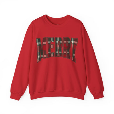 Red Christmas sweatshirt with "MERRY" plaid graphic crewneck holiday sweatshirt