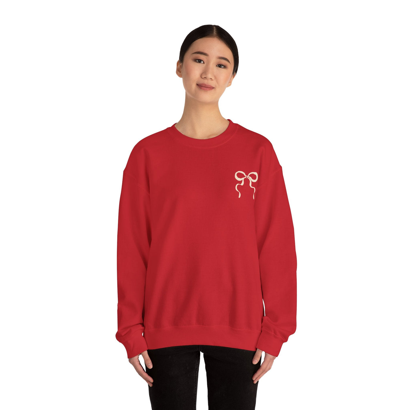 Red Coquette Christmas Faith crewneck sweatshirt with bow design, unisex cotton blend, cozy holiday wear