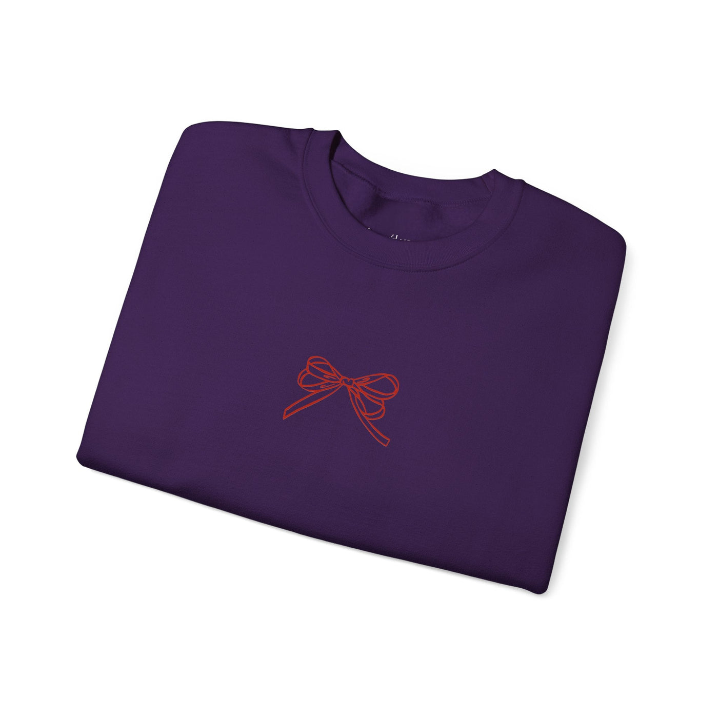 Purple Holiday Bow Crewneck Sweatshirt with red bow design, festive and comfortable adult holiday apparel
