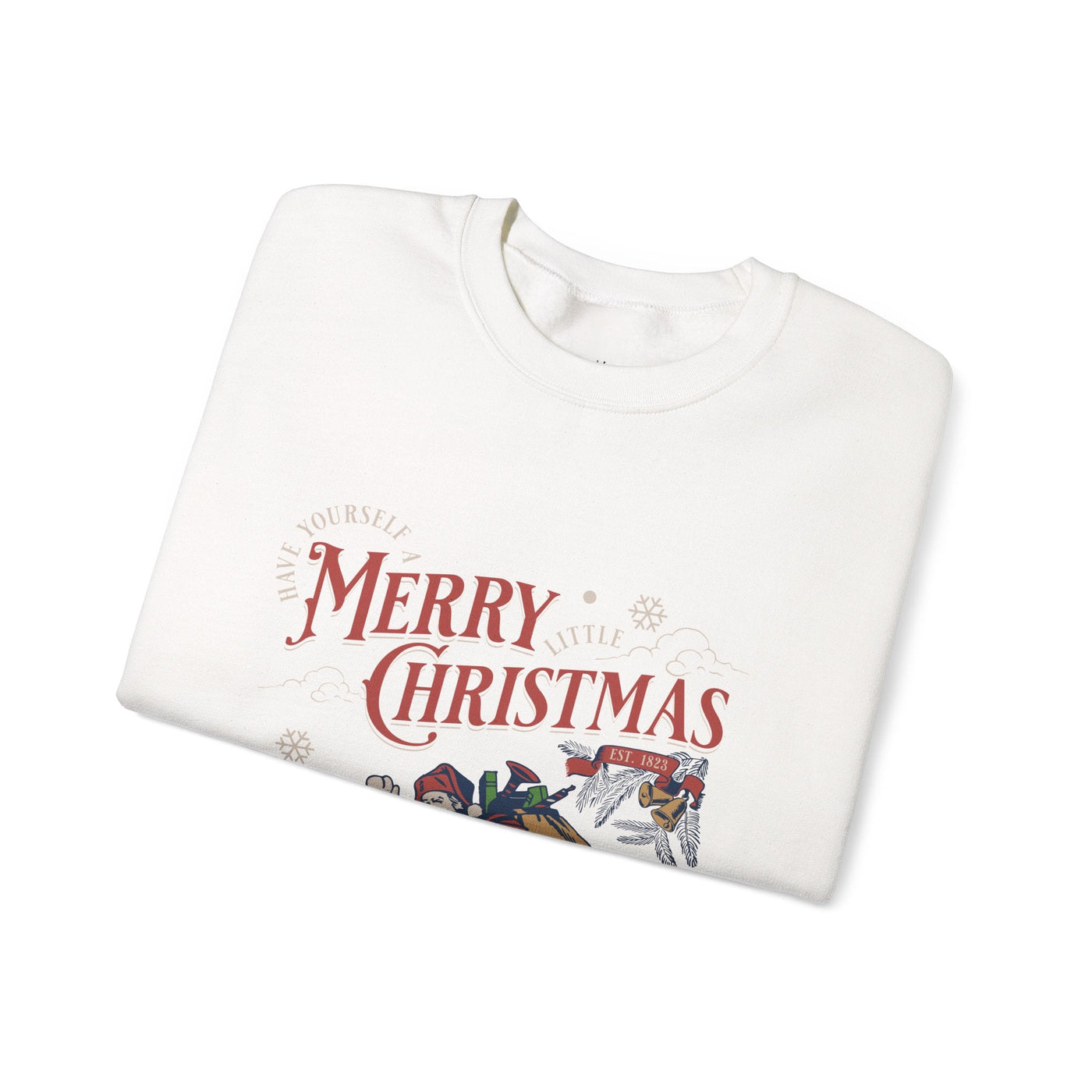 White Vintage Santa Crewneck sweatshirt with Merry Christmas holiday design and Santa climbing chimney with gift bag