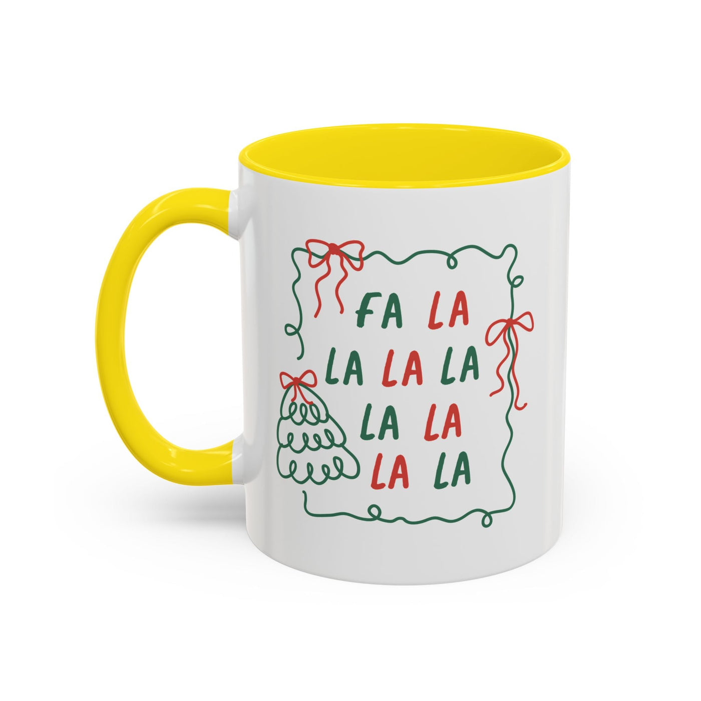 Fa La La Christmas coffee mug with yellow handle and interior minimalist holiday design on white ceramic cup
