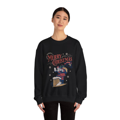 Woman wearing vintage Santa crewneck sweatshirt with Santa carrying gift bag into chimney and Merry Christmas text
