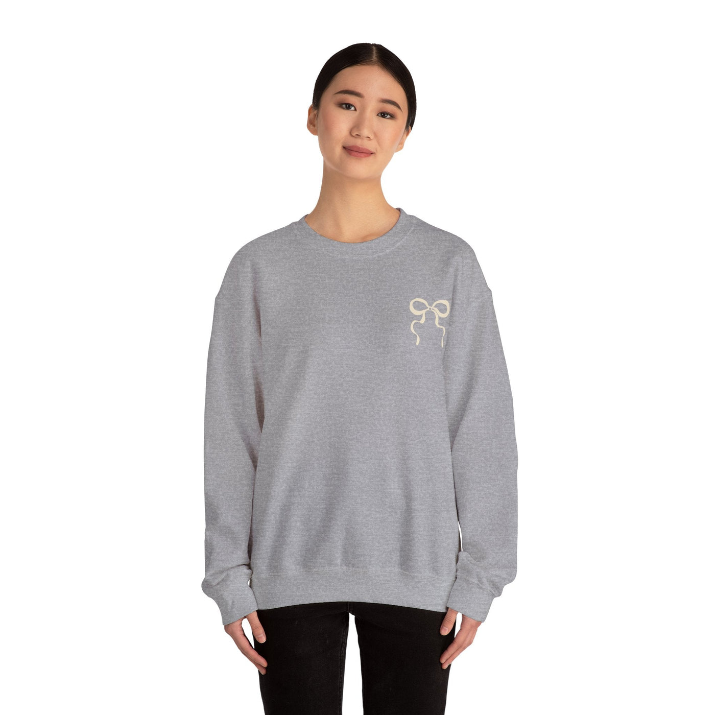 Coquette Christmas Faith crewneck sweatshirt in gray with bow design, unisex holiday sweatshirt for adults