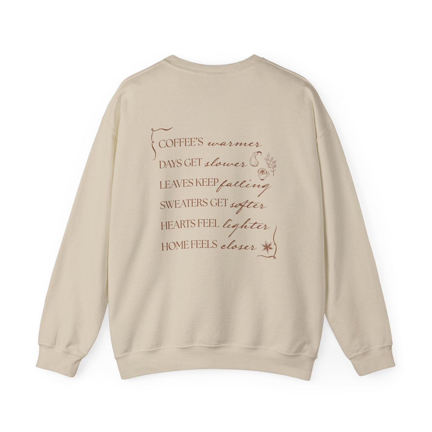 neutral beige Fall Things Sweatshirt with poetic autumn text on back, cozy minimalist crewneck for coffee lovers and homebodies