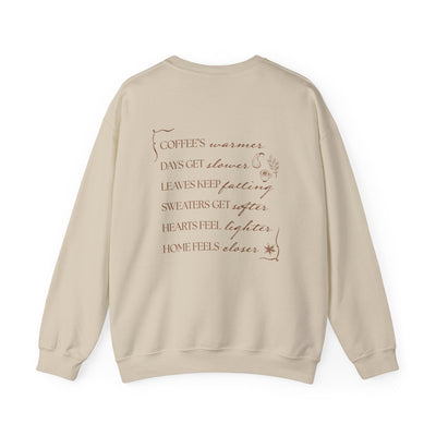neutral beige Fall Things Sweatshirt with poetic autumn text on back, cozy minimalist crewneck for coffee lovers and homebodies
