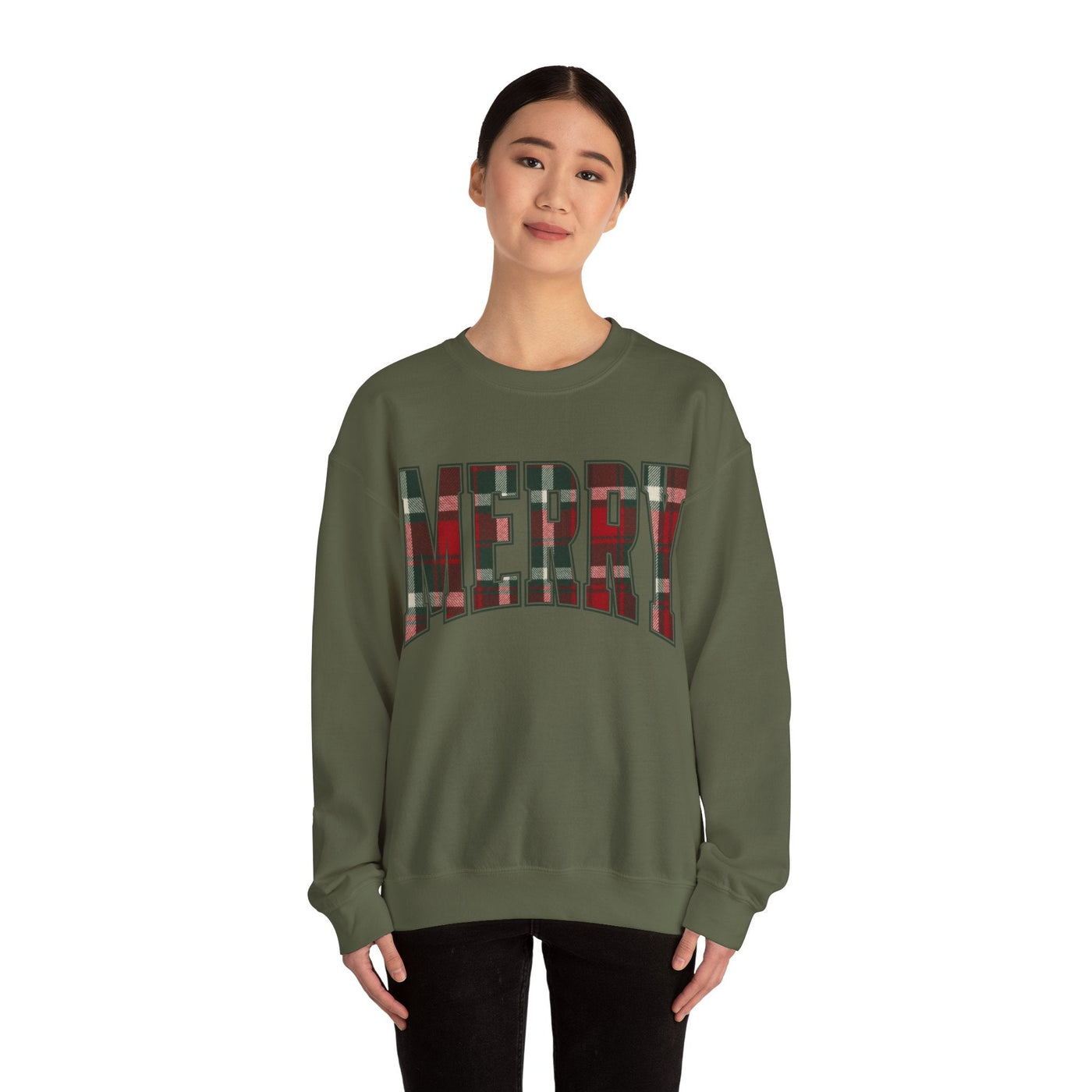 woman wearing MERRY Christmas plaid graphic crewneck sweatshirt in green
