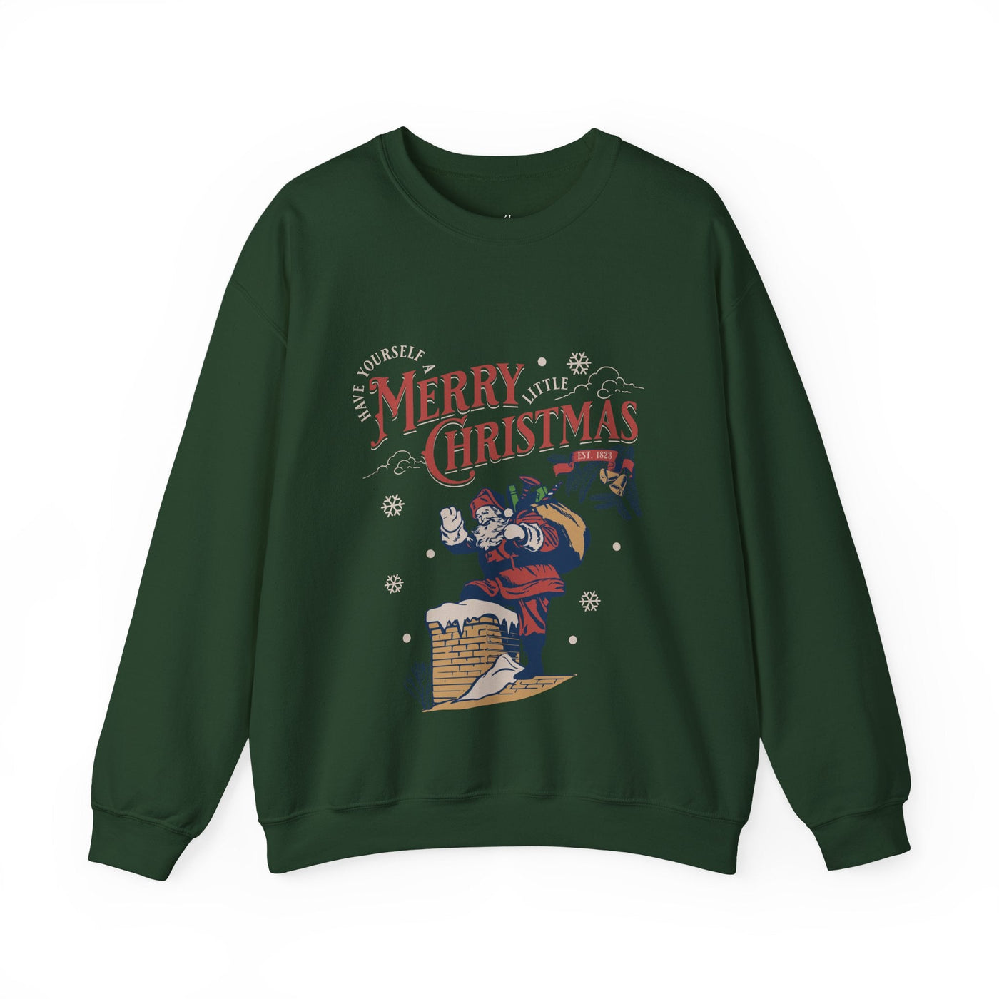 Green vintage Santa crewneck sweatshirt with holiday "Merry Christmas" design and Santa climbing into chimney carrying gift bag