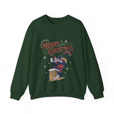 Green vintage Santa crewneck sweatshirt with holiday "Merry Christmas" design and Santa climbing into chimney carrying gift bag