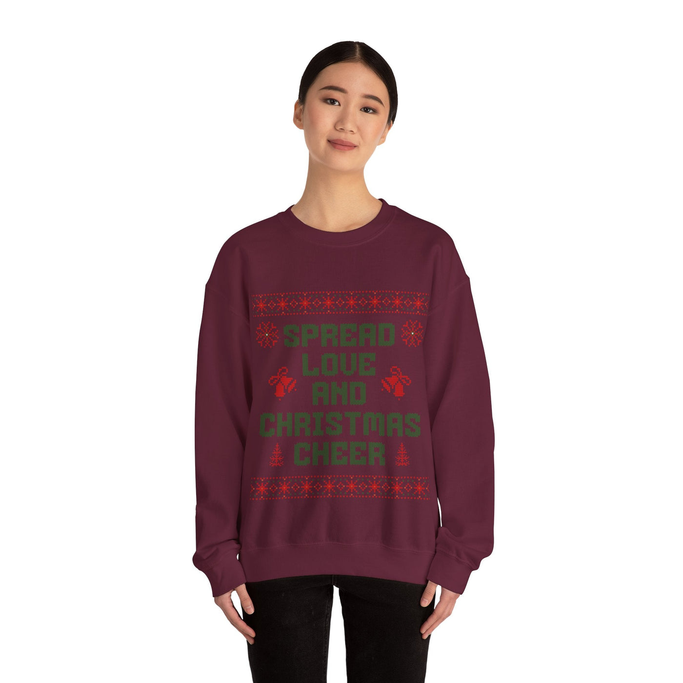 Cozy maroon crewneck sweatshirt with "Spread Love and Christmas Cheer" festive design