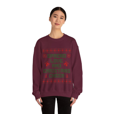 Cozy maroon crewneck sweatshirt with "Spread Love and Christmas Cheer" festive design