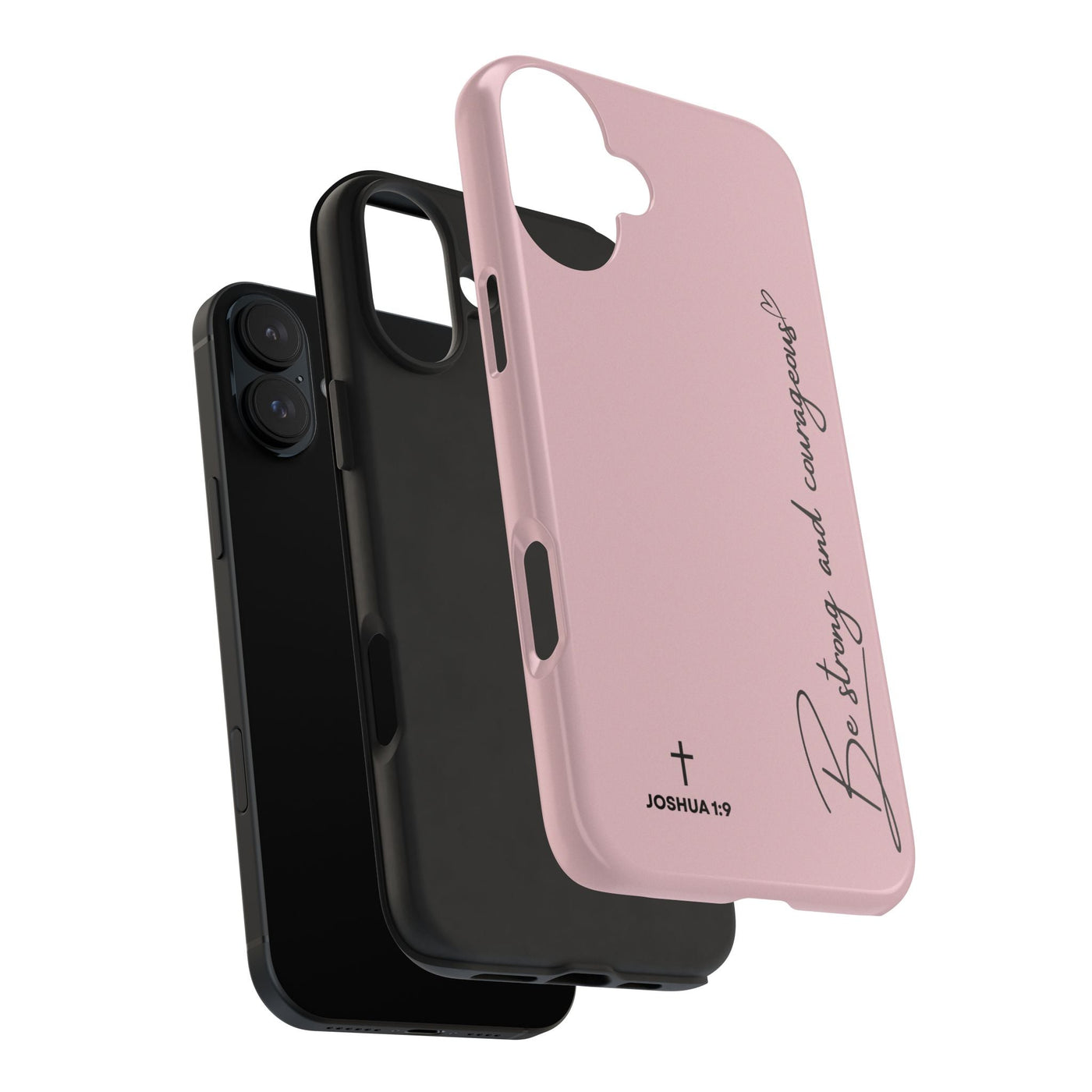 Inspirational tough phone cases with "Be Strong and Courageous" Joshua 1:9 design, durable dual-layer protection for iPhone and Samsung, available in pink and black.