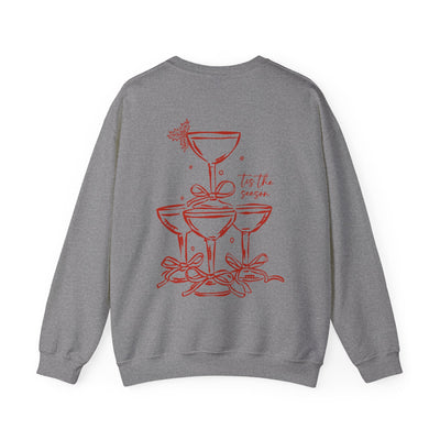 Holiday Bow Crewneck Sweatshirt with festive champagne tower and bow design on back, gray, cozy holiday apparel