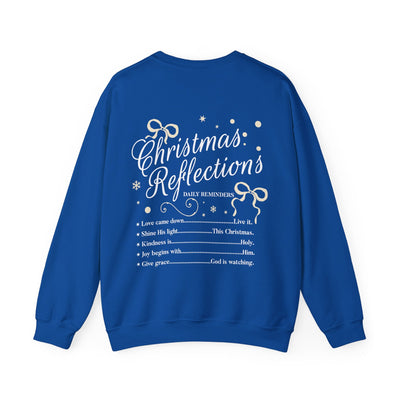 Blue Coquette Christmas Faith crewneck sweatshirt with inspirational holiday reflections text on the back