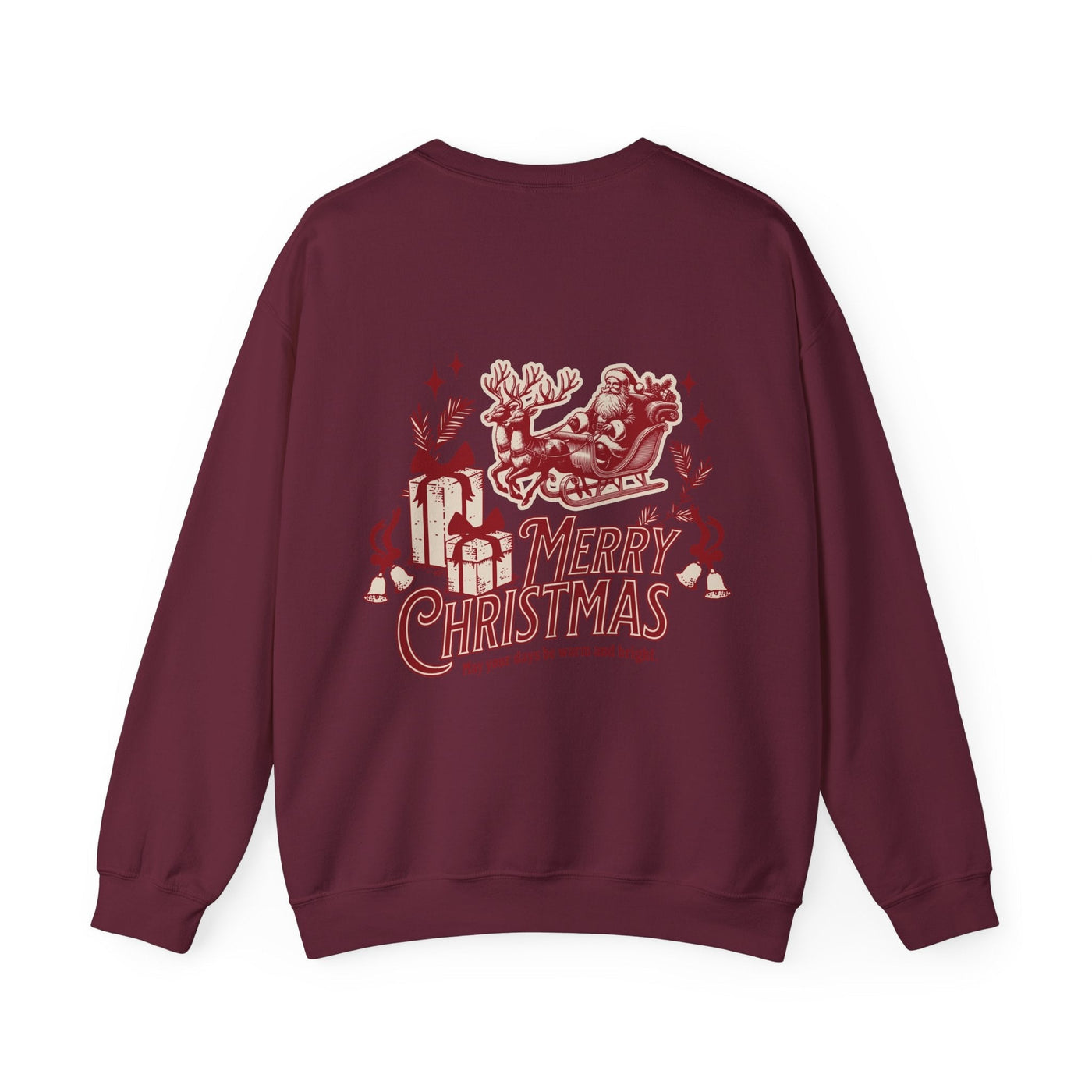 Vintage Merry Christmas crewneck sweatshirt with Santa sleigh and bell design in maroon by Brew’d Up Designs