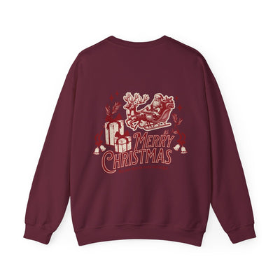 Vintage Merry Christmas crewneck sweatshirt with Santa sleigh and bell design in maroon by Brew’d Up Designs