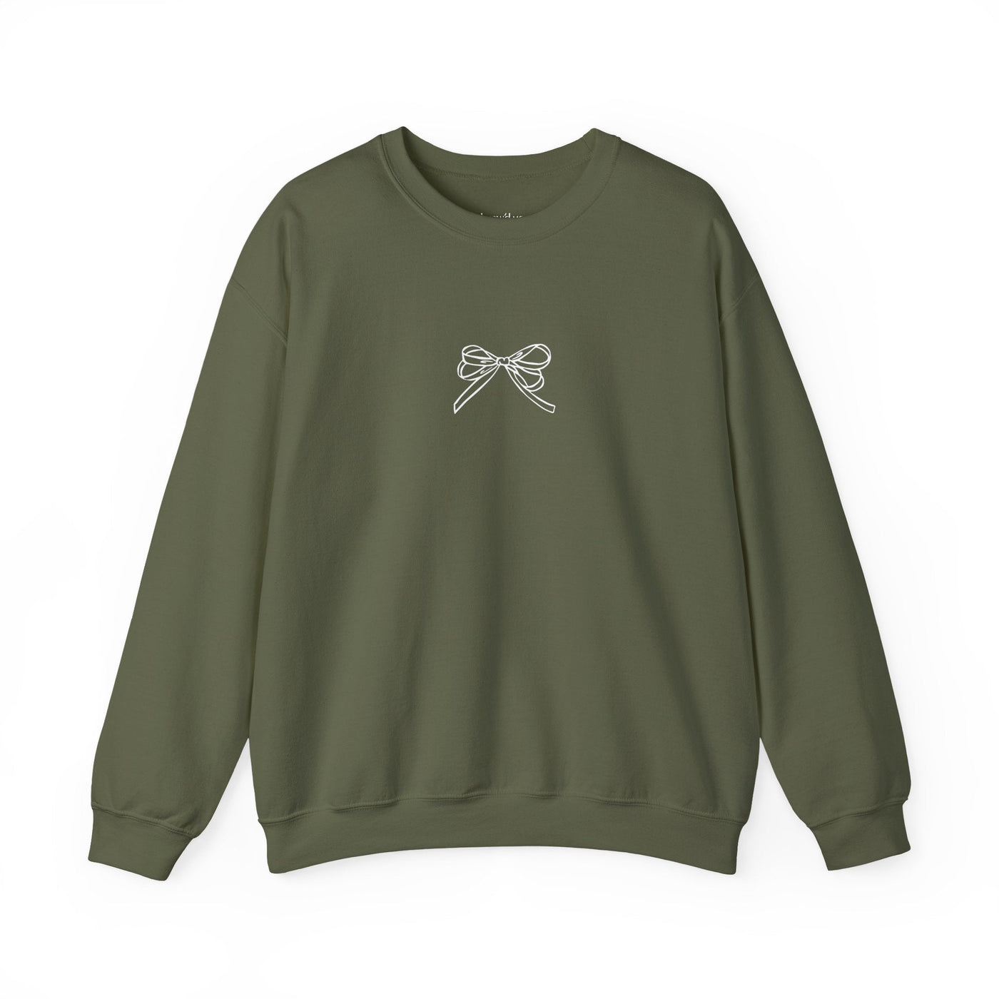 Olive green Holiday Bow Crewneck Sweatshirt with simple white bow design on front, long sleeves, and classic fit.