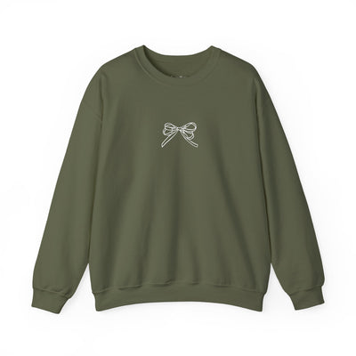 Olive green Holiday Bow Crewneck Sweatshirt with simple white bow design on front, long sleeves, and classic fit.