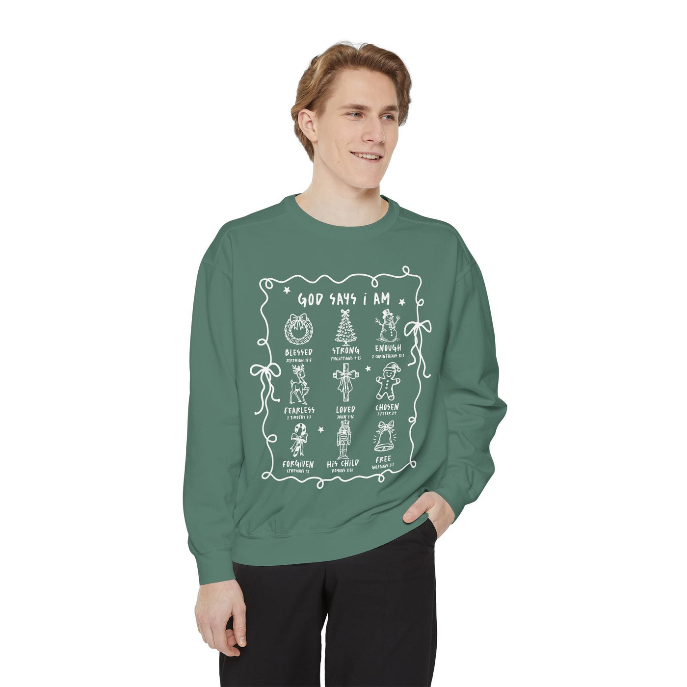 Man wearing green "God Says I Am" inspirational crewneck sweatshirt with biblical affirmations and festive illustrations