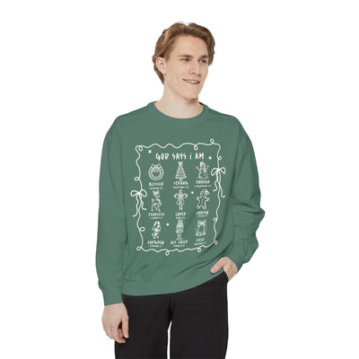 Man wearing green "God Says I Am" inspirational crewneck sweatshirt with biblical affirmations and festive illustrations