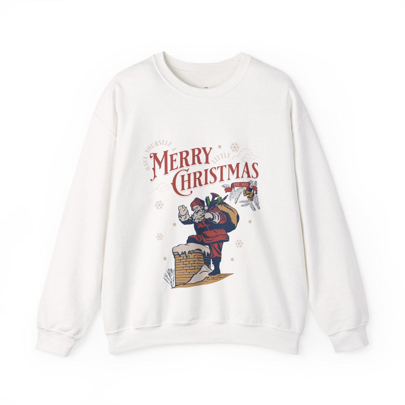 Vintage Santa crewneck sweatshirt with Santa carrying gift bag climbing into chimney and Merry Christmas text on white background