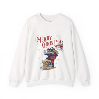 Vintage Santa crewneck sweatshirt with Santa carrying gift bag climbing into chimney and Merry Christmas text on white background