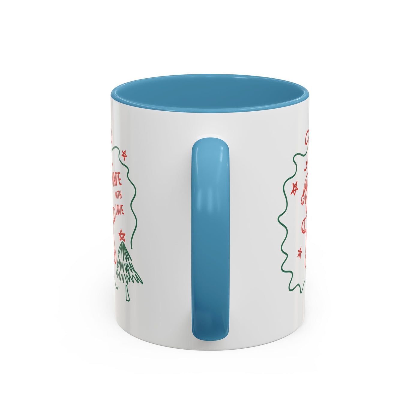 White ceramic festive Christmas coffee mug with blue handle and interior, 11oz and 15oz sizes available