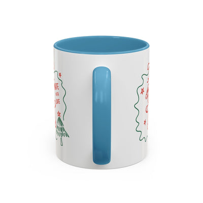 White ceramic festive Christmas coffee mug with blue handle and interior, 11oz and 15oz sizes available
